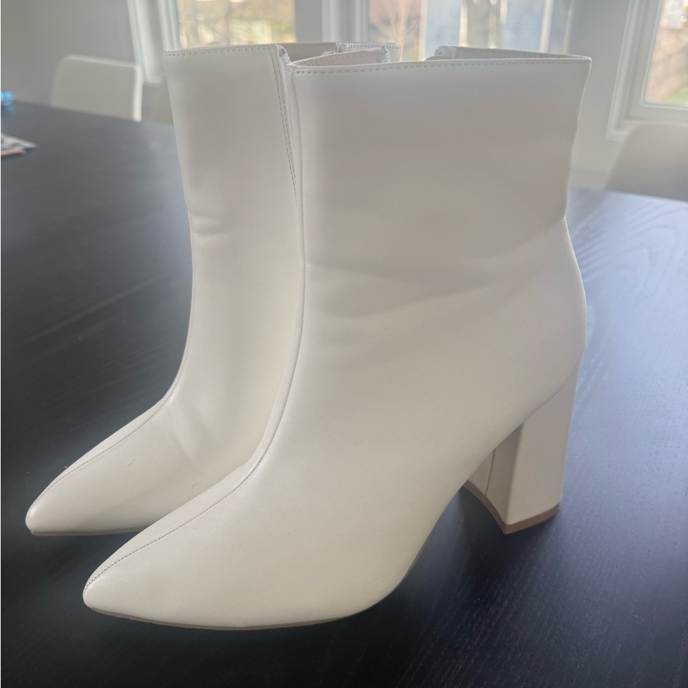 White Women's Pointed Toe Block Heel Ankle Boots booties 8